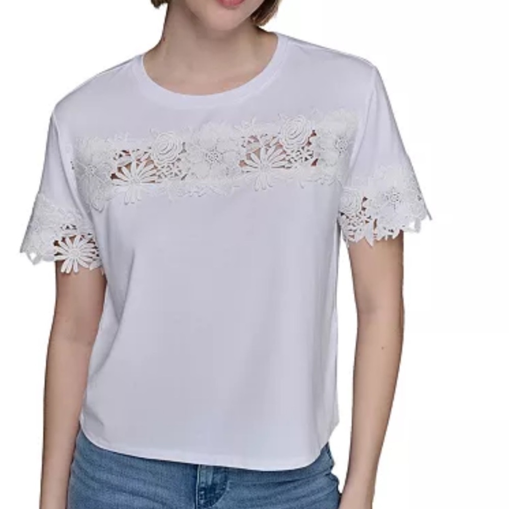KARL LAGERFELD PARIS Lace-Trim Knit Top White Boxy Fit Floral Lace Across Front